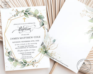 Elegant Rustic Greenery Geometric Baptism Christening Invitation Editable Template - Instant Download Digital Printable File - GR1