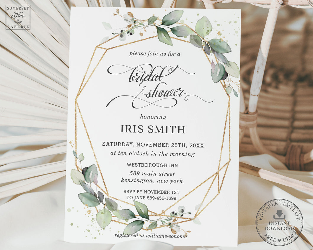 Elegant Rustic Greenery Geometric Bridal Shower Invitation Editable Template - Instant Download Digital Printable File - GR1