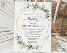 Load image into Gallery viewer, Elegant Rustic Greenery Geometric Baptism Christening Invitation Editable Template - Instant Download Digital Printable File - GR1
