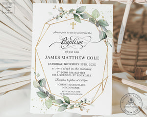 Elegant Rustic Greenery Geometric Baptism Christening Invitation Editable Template - Instant Download Digital Printable File - GR1