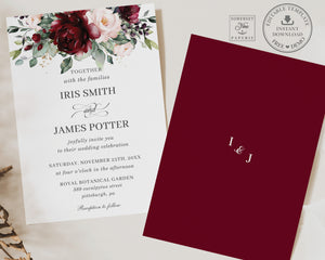Chic Burgundy Blush Pink Floral Roses Wedding Invitation - Editable Template - Digital Printable File - Instant Download - RB1