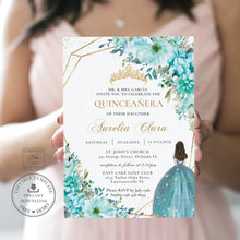 Load image into Gallery viewer, Turquoise Blue Green Floral Princess Quinceañera Invitation Mis Quince 15 Anos Birthday Invite Diy Editable Template, Digital Printable File, QC10
