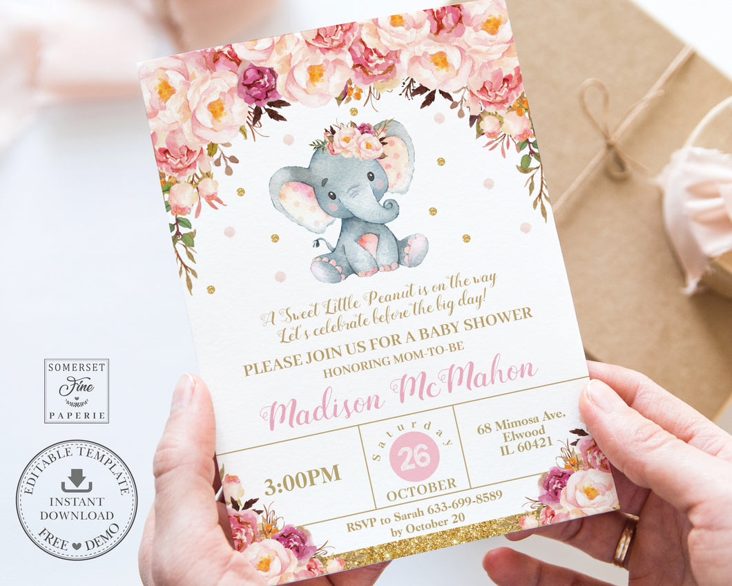 Chic Whimsical Elephant Blush Peach Floral Baby Shower Invitation EDITABLE TEMPLATE - Digital Printable File - Instant Download - EP3