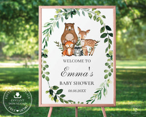 Rustic Greenery Woodland Animals Welcome Sign Baby Shower Birthday - Editable Template - Digital Printable File - Instant Download - WL1