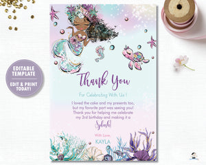 Whimsical Mermaid Brown Skin African Thank You Card Editable Template - Instant Download - Digital Printable File - MT2
