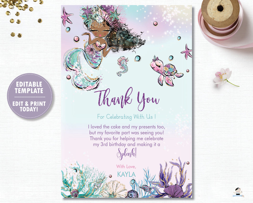Whimsical Mermaid Brown Skin African Thank You Card Editable Template - Instant Download - Digital Printable File - MT2