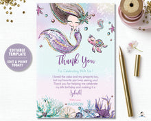 Load image into Gallery viewer, Whimsical Mermaid Thank You Card Editable Template - Instant Download - Digital Printable File - MT2
