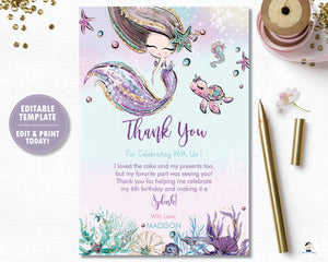 Whimsical Mermaid Thank You Card Editable Template - Instant Download - Digital Printable File - MT2