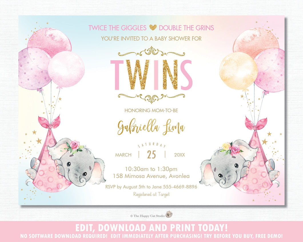 Whimsical Twin Girls Elephant Baby Shower Invitation Editable Template - Instant Download - Digital Printable File - EP3